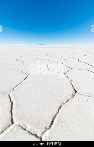 Wide angle view of the world famous Uyuni Salt Flat, among the most important travel destination in the Bolivian Andes. Close up of hexagonal shapes o Stock Photo