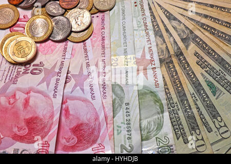Turkish lira and US dollar currency bills and coins Stock Photo
