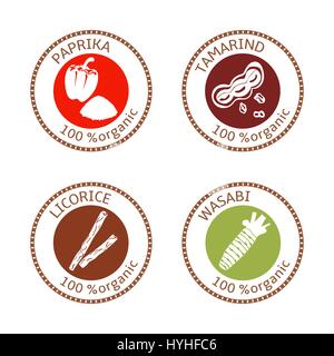 Set of herbs labels. 100 organic. Spice collection. Vector illustration. . Brown stamps. flat style white silhouettes. Icon collection Stock Vector