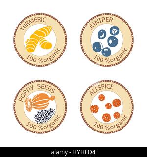 Set of spices labels. 100 organic. collection Stock Vector