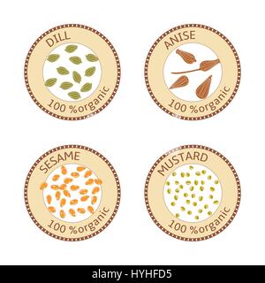 Set of spices labels. 100 organic. collection Stock Vector