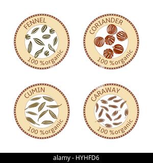 Set of spices labels. 100 organic. collection Stock Vector