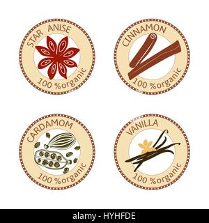 Set of spices labels. 100 organic. collection Stock Vector