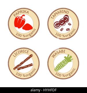 Set of spices labels. 100 organic. collection Stock Vector