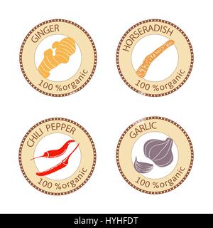 Set of spices labels. 100 organic. collection Stock Vector