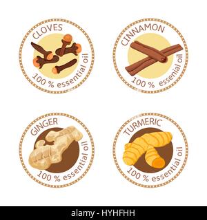 Set of essential oils labels. Cloves, cinnamon, ginger, turmeric Stock Vector