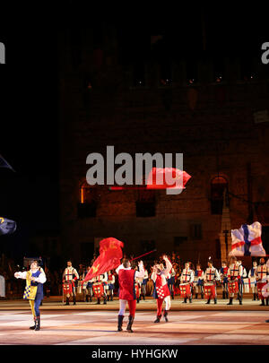 Marostica, VI, Italy - September 9, 2016: flag throwing during a live show in the main square