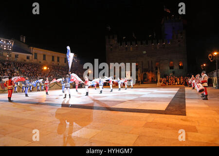 Marostica, VI, Italy - September 9, 2016: flag bearers during a live show in the main square called Piazza degli Scacchi