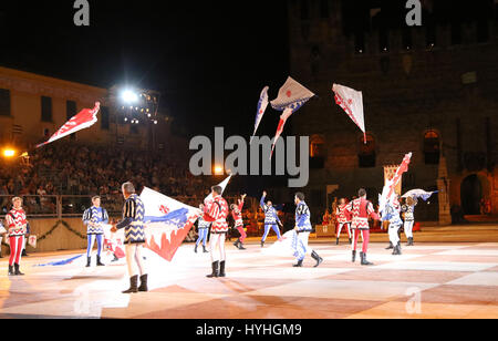 Marostica, VI, Italy - September 9, 2016: flag wavers during great show in the main square of town called Piazza degli Scacchi