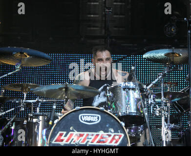 Padua Padova, PD, Italy - March 29, 2017: Luca Martelli drummer of Litfiba an Italian Rock Band on the stage during the live concert at Padua in Italy Stock Photo