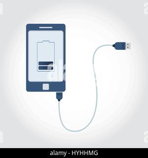 Phone plugged in USB cable. Battery symbol on monitor showing charge level. Flat design. Stock Vector