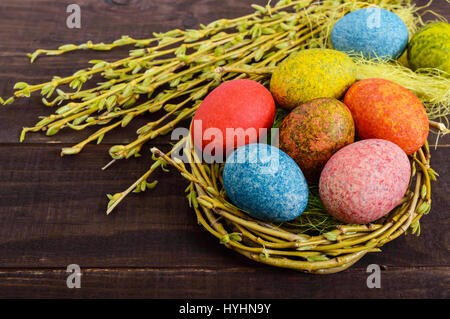 Colorful painted eggs in a nest of twigs of willow on a dark wooden background. Traditionally for Easter. Stock Photo