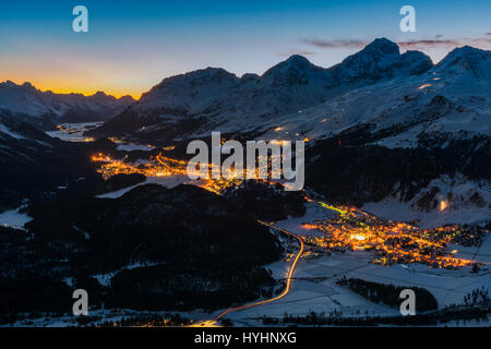 Scenic winter view over Upper Engadine valley from Muottas Muragl with Celerina and St. Moritz in the background, Graubunden, Switzerland Stock Photo