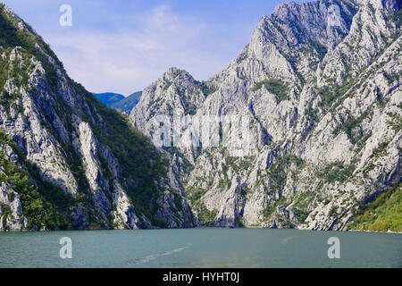 Lake Koman, rugged fjord-like mountain scenery, in Albania. Stock Photo