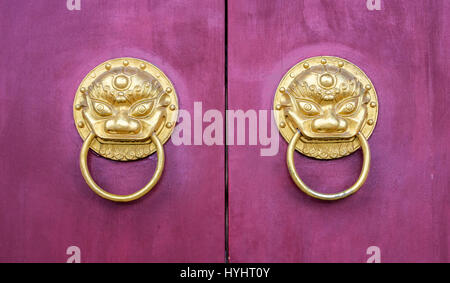 dragon head door knocker on a purple door Stock Photo