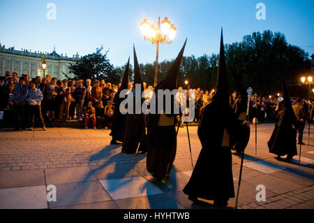 Nazarenos during a Holy Week procession, Plaza de Oriente. Madrid, Spain. Stock Photo