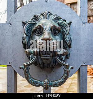 A classic lion head door knocker made out of metal and attached to a metal gate. Stock Photo