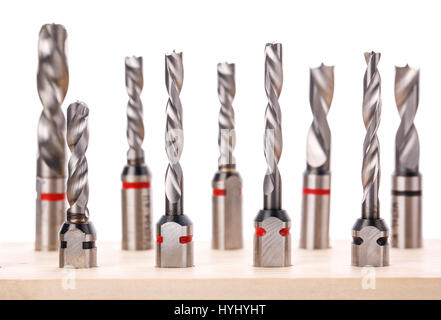 drill bits for wood standing on wooden stand Stock Photo