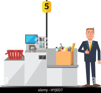 Vector male happy customer in a business suit using self checkout register. Big paper bag full of grocery. Red empty shopping basket. Grey metal self  Stock Vector