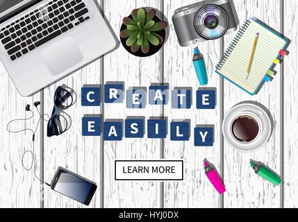 Vector advertising web banner with toop view of a white wooden table and different things placed on it. Copyspace in the center with a phrases Create  Stock Vector