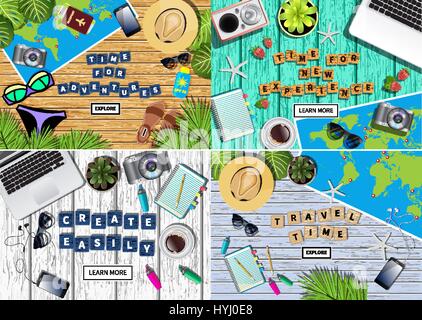 Set of 4 vector flat lay settings for travel and business banners, advertisment. Different objects on colorful wooden background. Copyspace in the cen Stock Vector