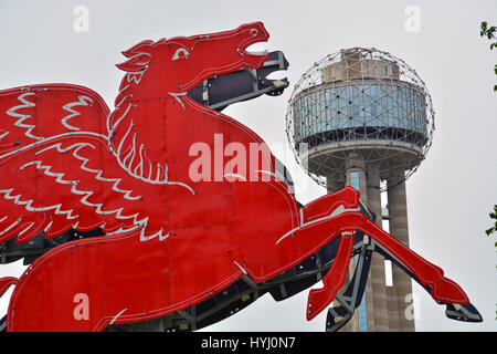 The iconic Pegasus 'flying horse' sat on top of the Magnolia Building in downtown Dallas for 60 years before being restored at the Omni Hotel Plaza. Stock Photo