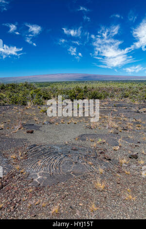Pahoehoe lava from Kilauea volcano eruptions, with Mauna Loa volcano in the background, Ka&#39;u Desert, Hawai&#39;i Volcanoes Stock Photo