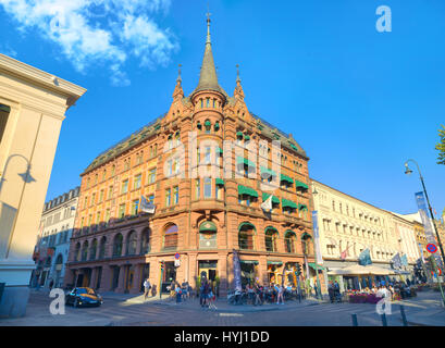 Karl Johan Gate in historic city centre. Facade of beautiful building.  Oslo, Norway Stock Photo
