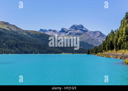 Silvaplana lake, Engadine lakeland, Piz de la Margna, 3159 m, Silvaplana, Maloja region, county Upper Engadine Stock Photo