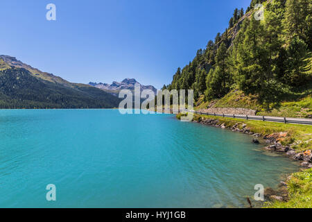 Silvaplana lake, Engadine lakeland, Piz de la Margna, 3159 m, Silvaplana, Maloja region, county Upper Engadine Stock Photo