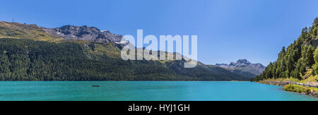 Silvaplana lake, Panoramic, Engadine lakeland, Piz Corvatsch, 3451 m, Piz de la Margna, 3159 m, Silvaplana, Maloja region Stock Photo