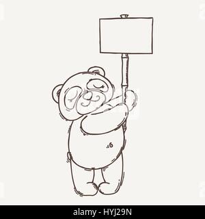 Cute panda with a poster on a bamboo stick. Wildlife, ecology, peace and friendship. Stock Vector