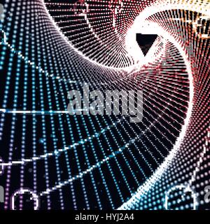 Vector infinite triangle space tunnel of glowing points and springs. Stock Vector