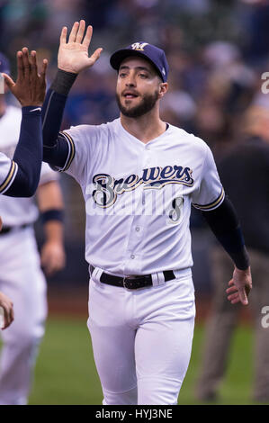 April 03, 2017: Milwaukee Brewers left fielder Ryan Braun #8 is introduced prior to the Major League Baseball game between the Milwaukee Brewers and the Colorado Rockies on opening day at Miller Park in Milwaukee, WI. John Fisher/CSM Stock Photo