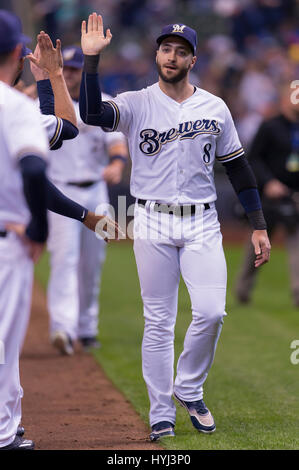 April 03, 2017: Milwaukee Brewers left fielder Ryan Braun #8 is introduced prior to the Major League Baseball game between the Milwaukee Brewers and the Colorado Rockies on opening day at Miller Park in Milwaukee, WI. John Fisher/CSM Stock Photo