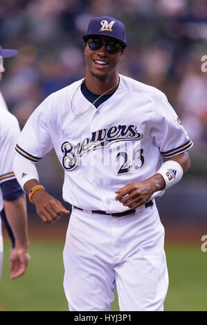 April 03, 2017: Milwaukee Brewers center fielder Keon Broxton #23 is introduced prior to the Major League Baseball game between the Milwaukee Brewers and the Colorado Rockies on opening day at Miller Park in Milwaukee, WI. John Fisher/CSM Stock Photo