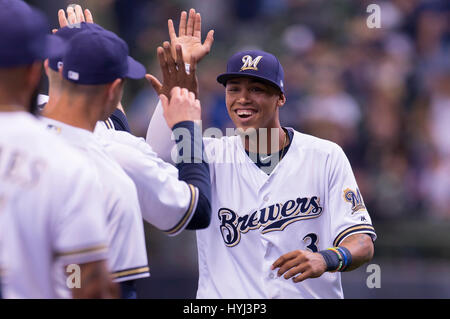 April 03, 2017: Milwaukee Brewers shortstop Orlando Arcia #3 is introduced prior to the Major League Baseball game between the Milwaukee Brewers and the Colorado Rockies on opening day at Miller Park in Milwaukee, WI. John Fisher/CSM Stock Photo