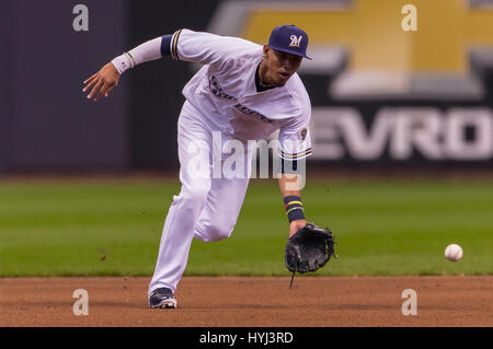 April 03, 2017: Milwaukee Brewers shortstop Orlando Arcia #3 fields a ground ball in the Major League Baseball game between the Milwaukee Brewers and the Colorado Rockies at Miller Park in Milwaukee, WI. John Fisher/CSM Stock Photo
