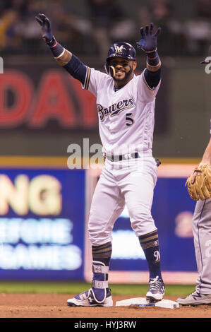April 03, 2017: Milwaukee Brewers shortstop Jonathan Villar #5 doubles in the Major League Baseball game between the Milwaukee Brewers and the Colorado Rockies on opening day at Miller Park in Milwaukee, WI. John Fisher/CSM Stock Photo