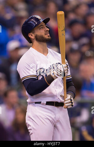 April 03, 2017: Milwaukee Brewers left fielder Ryan Braun #8 during the Major League Baseball game between the Milwaukee Brewers and the Colorado Rockies on opening day at Miller Park in Milwaukee, WI. John Fisher/CSM Stock Photo