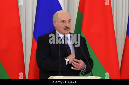 St Petersburg, Russia. 03rd Apr, 2017. President of Belarus Alexander Lukashenko during a joint press conference with Russian President Vladimir Putin at the Konstantin Palace April 3, 2017 in St.Petersburg, Russia. The leaders meet to discuss an ongoing dispute over energy payments and announced a settlement. Credit: Planetpix/Alamy Live News Stock Photo