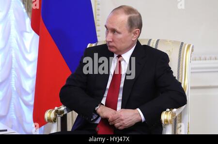 St Petersburg, Russia. 03rd Apr, 2017. Russian President Vladimir Putin during a bilateral meeting with President of Belarus Alexander Lukashenko at the Konstantin Palace April 3, 2017 in St.Petersburg, Russia. The leaders meet to discuss an ongoing dispute over energy payments and announced a settlement. Credit: Planetpix/Alamy Live News Stock Photo