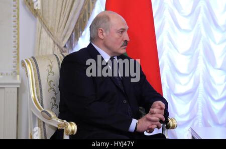 St Petersburg, Russia. 03rd Apr, 2017. President of Belarus Alexander Lukashenko during a bilateral meeting with Russian President Vladimir Putin at the Konstantin Palace April 3, 2017 in St.Petersburg, Russia. The leaders meet to discuss an ongoing dispute over energy payments and announced a settlement. Credit: Planetpix/Alamy Live News Stock Photo