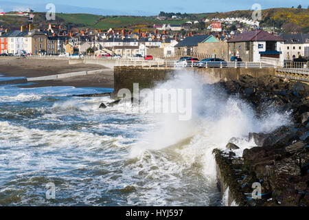 Aberystwyth Wales UK, Tuesday 04 April 2017 UK Weather: Blustry cold northerly winds whip up the waves crashing into the promenade under blue skies in Aberystwyth on the west Wales coast Credit: keith morris/Alamy Live News Stock Photo