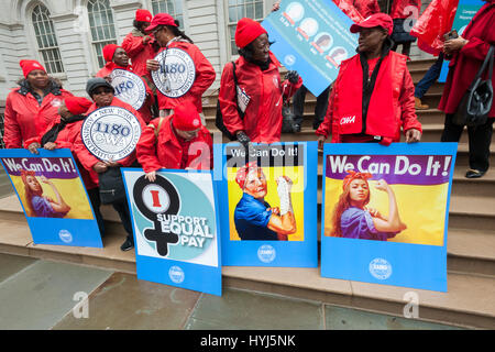 New York, USA. 04th Apr, 2017. Activists, community leaders and politicians gather on the steps of City Hall in New York on Tuesday, April 4, 2017 to rally against pay disparity on the 11th annual Equal Pay Day. Nationwide the gender wage gap is averaged at 20 percent. Legislation set to be voted on tomorrow by the NY City Council would prohibit employers from asking for the wage history of prospective employees, a practice that perpetuates wage inequality. ( © Richard B. Levine) Credit: Frances Roberts/Alamy Live News Stock Photo