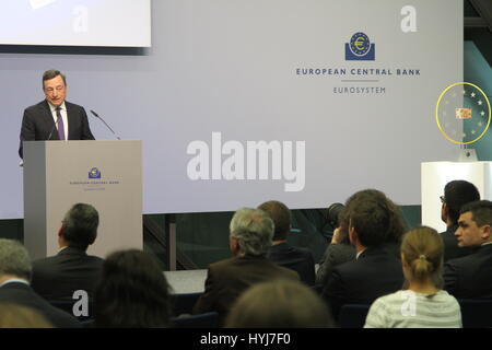 Frankfurt, Germany. 4th Apr, 2017. European Central Bank (ECB) President Mario Draghi delivers a speech at the official launch ceremony of new 50 Euro banknote in Frankfurt, Germany, on April 4, 2017. New 50 euro banknote as the fourth banknote in the 'Europa series' issued by the European Central Bank started circulating on Tuesday. Credit: Shen Zhonghao/Xinhua/Alamy Live News Stock Photo