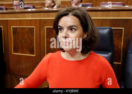 Spain«s Vice-president Soraya Saenz de Santamaria during an ordinary session at Spanish Parliament in Madrid, on Wednesday 05, April 2017. Stock Photo