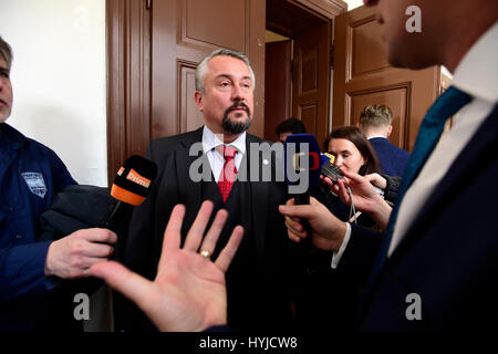 Prague, Czech Republic. 05th Apr, 2017. Court again deals with case of Ztohoven artistic group's members who hung up giant red boxer shorts on roof of Prague Castle instead of presidential flag in 2015, in Prague, Czech Republic, April 5, 2017. Court imposed suspended sentences of 6 months on Filip Crhak, Matej Hajek and David Hons. They must also pay 55,000 Czech crowns for damaged roof and 8400 Czech crowns for presidential standard. They faced three years in prison. Pictured Prague´s Castle attorney Marek Nespala. Credit: Roman Vondrous/CTK Photo/Alamy Live News Stock Photo