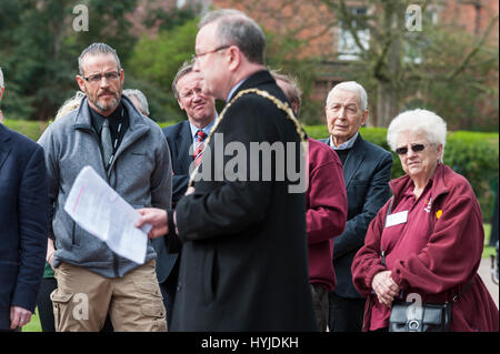 Birkenhead, UK. 5th April 2017. To commemorate the opening of Birkenhead Park, 170 years ago in 1847, a Blue Plaque, issued by Conservation Areas Wirral, is unveiled at the visitor centre by the Mayor of Wirral, Cllr Pat Hackett.  Also in attendance is Labour MP for Birkenhead, Frank Field, and Wirral council dignitaries.  The park was designed by Joseph Paxton and created by landscape gardener, Edward Kemp.  Birkenhead Park is the worlds first publicly funded civil park, and was the inspiration for Central Park in New York, USA. © Paul Warburton Stock Photo