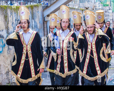 JERUSALEM - MARCH 13 : Ultra Orthodox boys during Purim in Mea Shearim Jerusalem on March 13 2017 , Purim is a Jewish holiday celebrates the salvation Stock Photo